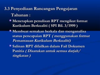 3.3 Penyediaan Rancangan Pengajaran
    Tahunan :
  ? Menetapkan penulisan RPT mengikut format
    Kurikulum Berkualiti ( SPI Bil. 3/1999 )
  ? Membuat semakan berkala dan menganalisa
    status pencapaian RPT ( menggunakan format
    Pemantauan Kurikulum Berkualiti)
  ? Salinan RPT difailkan dalam Fail Dokumen
    Panitia ( Disatukan untuk semua darjah/
    tingkatan )
 