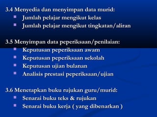 3.4 Menyedia dan menyimpan data murid:
   ? Jumlah pelajar mengikut kelas
   ? Jumlah pelajar mengikut tingkatan/aliran



3.5 Menyimpan data peperiksaan/penilaian:
   ? Keputusan peperiksaan awam
   ? Keputusan peperiksaan sekolah
   ? Keputusan ujian bulanan
   ? Analisis prestasi peperiksaan/ujian



3.6 Menetapkan buku rujukan guru/murid:
   ? Senarai buku teks & rujukan
   ? Senarai buku kerja ( yang dibenarkan )
 
