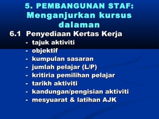 5. PEMBANGUNAN STAF:
    Menganjurkan kursus
         dalaman
6.1 Penyediaan Kertas Kerja
   -   tajuk aktiviti
   -   objektif
   -   kumpulan sasaran
   -   jumlah pelajar (L/P)
   -   kritiria pemilihan pelajar
   -   tarikh aktiviti
   -   kandungan/pengisian aktiviti
   -   mesyuarat & latihan AJK
 