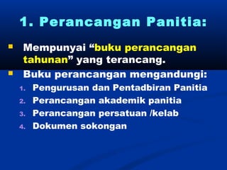 1. Perancangan Panitia:
?    Mempunyai buku perancangan
     tahunan yang terancang.
?    Buku perancangan mengandungi:
    1.   Pengurusan dan Pentadbiran Panitia
    2.   Perancangan akademik panitia
    3.   Perancangan persatuan /kelab
    4.   Dokumen sokongan
 