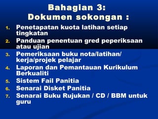 Bahagian 3:
        Dokumen sokongan :
1.   Penetapatan kuota latihan setiap
     tingkatan
2.   Panduan penentuan gred peperiksaan
     atau ujian
3.   Pemeriksaan buku nota/latihan/
     kerja/projek pelajar
4.   Laporan dan Pemantauan Kurikulum
     Berkualiti
5.   Sistem Fail Panitia
6.   Senarai Disket Panitia
7.   Senarai Buku Rujukan / CD / BBM untuk
     guru
 