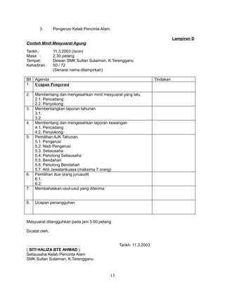 3.

Pengerusi Kelab Pencinta Alam.
Lampiran D

Contoh Minit Mesyuarat Agung
Tarikh :
Masa :
Tempat:
Kehadiran :

11.3.2003 (Isnin)
2.30 petang
Dewan SMK Sultan Sulaiman, K.Terengganu
50 / 72
(Senarai nama dilampirkan)

Bil
1.

Agenda

2.

7.

Membentang dan mengesahkan minit mesyuarat yang lalu.
2.1. Pencadang
2.2. Penyokong
Membentangkan laporan tahunan
3.1.
3.2.
Membentang dan mengesahkan laporan kewangan
4.1. Pencadang
4.2. Penyokong
Pemilihan AJK Tahunan
5.1. Pengerusi
5.2. Naib Pengerusi
5.3. Setiausaha
5.4. Penolong Setiausaha
5.5. Bendahari
5.6. Penolong Bendahari
5.7. Ahli Jawatankuasa (maksima 7 orang)
Pemilihan dua orang juruaudit
6.1.
6.2.
Membahaskan usul-usul yang diterima

8.

Ucapan penangguhan

3.
4.
5.

6.

Tindakan

Ucapan Pengerusi

Mesyuarat ditangguhkan pada jam 5.00 petang
Dicatat oleh,
………………………………….
( SITI HALIZA BTE AHMAD )
Setiausaha Kelab Pencinta Alam
SMK Sultan Sulaiman, K.Terengganu.

Tarikh: 11.3.2003

13

 