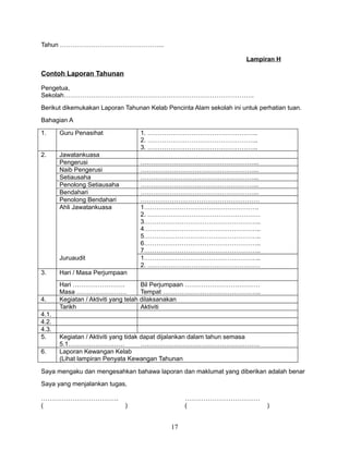 Tahun …………………………………………..
Lampiran H

Contoh Laporan Tahunan
Pengetua,
Sekolah……………………………………………………………………………….
Berikut dikemukakan Laporan Tahunan Kelab Pencinta Alam sekolah ini untuk perhatian tuan.
Bahagian A
1.

Guru Penasihat

2.

1. ……………………………………………..
2. ……………………………………………..
3. ……………………………………………..

Jawatankuasa
Pengerusi
Naib Pengerusi
Setiausaha
Penolong Setiausaha
Bendahari
Penolong Bendahari
Ahli Jawatankuasa

………………………………………………...
………………………………………………...
………………………………………………...
………………………………………………...
………………………………………………...
…………………………………………………
1……………………………………………….
2. ………………………………………………
3………………………………………………..
4………………………………………………..
5………………………………………………..
6………………………………………………..
7………………………………………………..
1………………………………………………..
2. ………………………………………………

Juruaudit
3.

4.
4.1.
4.2.
4.3.
5.
6.

Hari / Masa Perjumpaan
Hari …………………….
Bil Perjumpaan ………………………………
Masa ……………………
Tempat ………………………………………..
Kegiatan / Aktiviti yang telah dilaksanakan
Tarikh
Aktiviti

Kegiatan / Aktiviti yang tidak dapat dijalankan dalam tahun semasa
5.1………………………
…………………………………………………
Laporan Kewangan Kelab
(Lihat lampiran Penyata Kewangan Tahunan

Saya mengaku dan mengesahkan bahawa laporan dan maklumat yang diberikan adalah benar
Saya yang menjalankan tugas,
……………………………….
(

………………………………
(

)

17

)

 