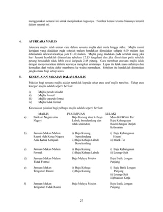 menggunakan senarai ini untuk menjalankan tugasnya. Nombor kerusi tetamu biasanya tercatit
dalam senarai ini.

4.

ATURCARA MAJLIS
Aturcara majlis ialah urutan cara dalam sesuatu majlis dari mula hingga akhir. Majlis rasmi
kerajaan yang diadakan pada sebelah malam hendaklah dimulakan selepas 8.00 malam dan
ditamatkan selewat-lewatnya jam 11.30 malam. Majlis yang diadakan pada sebelah siang jika
hari Jumaat hendaklah ditamatkan sebelum 12.15 tengahari dan jika dimulakan pada sebelah
petang hendaklah tidak lebih awal daripada 2.45 petang. Cara membuat aturcara majlis ialah
dengan menyenaraikan dahulu acaranya mengikut urutannya. Lepas itu letak masa akhirnya dan
kemudian dari waktu akhir membawa ke waktu permulaan. Sebelum itu hendaklah ditentukan
jangka masa bagi setiap acara.

5.

KESESUAIAN PAKAIAN DALAM MAJLIS
Pakaian bagi sesuatu majlis adalah tertakluk kepada tahap atau taraf majlis tersebut. Tahap atau
kategori majlis adalah seperti berikut:
i)
ii)
iii)
iv)

Majlis penuh istiadat
Majlis formal
Majlis separuh formal
Majlis tidak formal

Kesesuaian pakaian bagi pelbagai majlis adalah seperti berikut:
a)

MAJLIS
Bankuet Negara atau
Negeri

PEREMPUAN
Baju Kurung atau Kebaya
Labuh, berselendang dan
tidak sedondon

LELAKI
Mess Kit/White Tie/
Baju Kebangsaan
Rasmi dengan Darjah
Kebesaran

b)

Jamuan Makan Malam
Rasmi oleh Ketua Negara
Atau Ketua Kerajaan

i) Baju Kurung
berselendang
ii) Baju Kebaya Labuh
Berselendang

i) Baju Kebangsaan
Hitam
ii) Black Tie

c)

Jamuan Makan Malam
Formal

i) Baju Kurung
ii) Baju Kebaya Labuh

i) Baju Kebangsaan
ii) Lounge Suit

d)

Jamuan Makan Malam
Tidak Formal

Baju Melayu Moden

Baju Batik Lengan
Panjang

e)

Jamuan Makan
Tengahari Rasmi

i) Baju Kebaya
ii) Baju Kurung

i) Baju Batik Lengan
Panjang
ii) Lounge Suit
iii)Pakaian Kerja

f)

Jamuan Makan
Tengahari Tidak Rasmi

Baju Melayu Moden

Baju Batik Lengan
Panjang

27

 