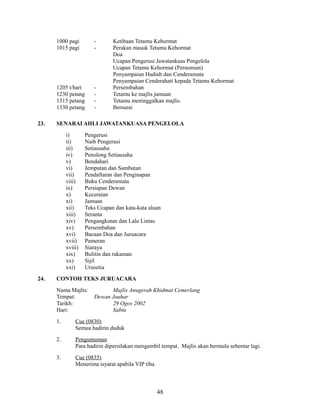 1000 pagi
1015 pagi

1205 t/hari
1230 petang
1315 petang
1330 petang
23.

-

-

SENARAI AHLI JAWATANKUASA PENGELOLA
i)
ii)
iii)
iv)
v)
vi)
vii)
viii)
ix)
x)
xi)
xii)
xiii)
xiv)
xv)
xvi)
xvii)
xviii)
xix)
xx)
xxi)

24.

Ketibaan Tetamu Kehormat
Perakan masuk Tetamu Kehormat
Doa
Ucapan Pengerusi Jawatankuas Pengelola
Ucapan Tetamu Kehormat (Perasmian)
Penyampaian Hadiah dan Cenderamata
Penyampaian Cenderahati kepada Tetamu Kehormat
Persembahan
Tetamu ke majlis jamuan
Tetamu meninggalkan majlis.
Bersurai

Pengerusi
Naib Pengerusi
Setiausaha
Penolong Setiausaha
Bendahari
Jemputan dan Sambutan
Pendaftaran dan Penginapan
Buku Cenderamata
Persiapan Dewan
Keceraian
Jamuan
Teks Ucapan dan kata-kata aluan
Seranta
Pengangkutan dan Lalu Lintas
Persembahan
Bacaan Doa dan Juruacara
Pameran
Siaraya
Bulitin dan rakaman
Sijil
Urusetia

CONTOH TEKS JURUACARA
Nama Majlis:
Tempat:
Tarikh:
Hari:

Majlis Anugerah Khidmat Cemerlang
Dewan Jauhar
29 Ogos 2002
Sabtu

1.

Cue (0830)
Semua hadirin duduk

2.

Pengumuman
Para hadirin dipersilakan mengambil tempat. Majlis akan bermula sebentar lagi.

3.

Cue (0835)
Menerima isyarat apabila VIP tiba.

48

 