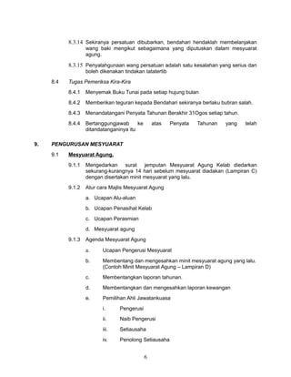 8.3.14 Sekiranya persatuan dibubarkan, bendahari hendaklah membelanjakan
wang baki mengikut sebagaimana yang diputuskan dalam mesyuarat
agung.

8.3.15 Penyalahgunaan wang persatuan adalah satu kesalahan yang serius dan
boleh dikenakan tindakan tatatertib
8.4

Tugas Pemeriksa Kira-Kira
8.4.1
8.4.2

Memberikan teguran kepada Bendahari sekiranya berlaku butiran salah.

8.4.3

Menandatangani Penyata Tahunan Berakhir 31Ogos setiap tahun.

8.4.4

9.

Menyemak Buku Tunai pada setiap hujung bulan

Bertanggungjawab
ke
ditandatanganinya itu

atas

Penyata

Tahunan

yang

telah

PENGURUSAN MESYUARAT
9.1

Mesyuarat Agung.
9.1.1

Mengedarkan surat jemputan Mesyuarat Agung Kelab diedarkan
sekurang-kurangnya 14 hari sebelum mesyuarat diadakan (Lampiran C)
dengan disertakan minit mesyuarat yang lalu.

9.1.2

Atur cara Majlis Mesyuarat Agung
a. Ucapan Alu-aluan
b. Ucapan Penasihat Kelab
c. Ucapan Perasmian
d. Mesyuarat agung

9.1.3

Agenda Mesyuarat Agung

a.

Ucapan Pengerusi Mesyuarat

b.

Membentang dan mengesahkan minit mesyuarat agung yang lalu.
(Contoh Minit Mesyuarat Agung – Lampiran D)

c.

Membentangkan laporan tahunan.

d.

Membentangkan dan mengesahkan laporan kewangan

e.

Pemilihan Ahli Jawatankuasa
i.

Pengerusi

ii.

Naib Pengerusi

iii.

Setiausaha

iv.

Penolong Setiausaha

6

 