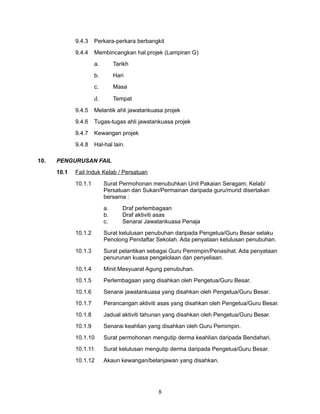 9.4.3

Perkara-perkara berbangkit

9.4.4

Membincangkan hal projek (Lampiran G)
a.

Tarikh

b.

Hari

c.

Masa

d.

Tempat

9.4.5
9.4.6

Tugas-tugas ahli jawatankuasa projek

9.4.7

Kewangan projek

9.4.8
10.

Melantik ahli jawatankuasa projek

Hal-hal lain.

PENGURUSAN FAIL
10.1

Fail Induk Kelab / Persatuan
10.1.1

Surat Permohonan menubuhkan Unit Pakaian Seragam, Kelab/
Persatuan dan Sukan/Permainan daripada guru/murid disertakan
bersama :
a.
b.
c.

Draf perlembagaan
Draf aktiviti asas
Senarai Jawatankuasa Penaja

10.1.2

Surat kelulusan penubuhan daripada Pengetua/Guru Besar selaku
Penolong Pendaftar Sekolah. Ada penyataan kelulusan penubuhan.

10.1.3

Surat pelantikan sebagai Guru Pemimpin/Penasihat. Ada penyataan
penurunan kuasa pengelolaan dan penyeliaan.

10.1.4

Minit Mesyuarat Agung penubuhan.

10.1.5

Perlembagaan yang disahkan oleh Pengetua/Guru Besar.

10.1.6

Senarai jawatankuasa yang disahkan oleh Pengetua/Guru Besar.

10.1.7

Perancangan aktiviti asas yang disahkan oleh Pengetua/Guru Besar.

10.1.8

Jadual aktiviti tahunan yang disahkan oleh Pengetua/Guru Besar.

10.1.9

Senarai keahlian yang disahkan oleh Guru Pemimpin.

10.1.10

Surat permohonan mengutip derma keahlian daripada Bendahari.

10.1.11

Surat kelulusan mengutip derma daripada Pengetua/Guru Besar.

10.1.12

Akaun kewangan/belanjawan yang disahkan.

8

 