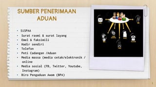 SUMBER PENERIMAAN
ADUAN
• SiSPAA
• Surat rasmi & surat layang
• Emel & faksimili
• Hadir sendiri
• Telefon
• Peti Cadangan /Aduan
• Media massa (media cetak/elektronik /
online
• Media sosial (FB, Twitter, Youtube,
Instagram)
• Biro Pengaduan Awam (BPA)
3
 