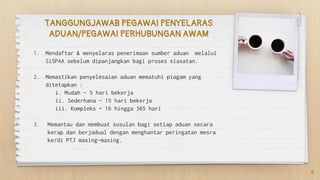 1. Mendaftar & menyelaras penerimaan sumber aduan melalui
SiSPAA sebelum dipanjangkan bagi proses siasatan.
2. Memastikan penyelesaian aduan mematuhi piagam yang
ditetapkan :
i. Mudah – 5 hari bekerja
ii. Sederhana – 15 hari bekerja
iii. Kompleks – 16 hingga 365 hari
3. Memantau dan membuat susulan bagi setiap aduan secara
kerap dan berjadual dengan menghantar peringatan mesra
ke/di PTJ masing-masing.
TANGGUNGJAWAB PEGAWAI PENYELARAS
ADUAN/PEGAWAI PERHUBUNGAN AWAM
6
 