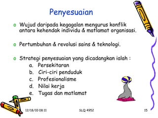 Penyesuaian Wujud daripada kegagalan mengurus konflik antara kehendak individu & matlamat organisasi. Pertumbuhan & revolusi sains & teknologi. Strategi penyesuaian yang dicadangkan ialah : a.  Persekitaran b.  Ciri-ciri penduduk c.  Profesionalisme d.  Nilai kerja e.  Tugas dan matlamat 