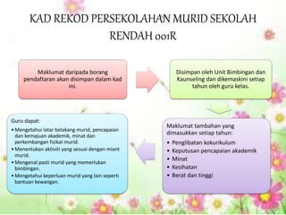 KAD REKOD PERSEKOLAHAN MURID SEKOLAH
RENDAH 001R
Maklumat daripada borang
pendaftaran akan disimpan dalam kad
ini.
Disimpan oleh Unit Bimbingan dan
Kaunseling dan dikemaskini setiap
tahun oleh guru kelas.
Maklumat tambahan yang
dimasukkan setiap tahun:
• Penglibatan kokurikulum
• Keputusan pencapaian akademik
• Minat
• Kesihatan
• Berat dan tinggi
Guru dapat:
•Mengetahui latar belakang murid, pencapaian
dan kemajuan akademik, minat dan
perkembangan fizikal murid.
•Menentukan aktiviti yang sesuai dengan miant
murid.
•Mengenal pasti murid yang memerlukan
bimbingan.
•Mengetahui keperluan murid yang lain seperti
bantuan kewangan.
 