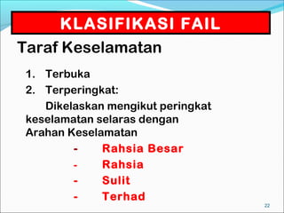 KLASIFIKASI FAIL
Taraf Keselamatan
1. Terbuka
2. Terperingkat:
   Dikelaskan mengikut peringkat
keselamatan selaras dengan
Arahan Keselamatan
        -    Rahsia Besar
        -    Rahsia
        -    Sulit
        -    Terhad
                                   22
 