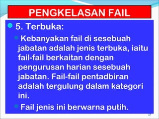 PENGKELASAN FAIL
5. Terbuka:
 Kebanyakan fail di sesebuah
  jabatan adalah jenis terbuka, iaitu
  fail-fail berkaitan dengan
  pengurusan harian sesebuah
  jabatan. Fail-fail pentadbiran
  adalah tergulung dalam kategori
  ini.
 Fail jenis ini berwarna putih.
                                    37
 