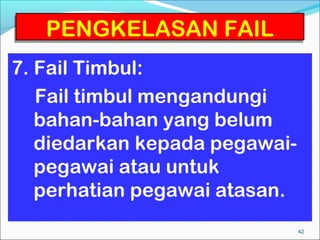 PENGKELASAN FAIL
7. Fail Timbul:
   Fail timbul mengandungi
   bahan-bahan yang belum
   diedarkan kepada pegawai-
   pegawai atau untuk
   perhatian pegawai atasan.
                               42
 