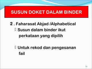 SUSUN DOKET DALAM BINDER …
 SUSUN DOKET DALAM BINDER

2 . Faharasat Abjad /Alphabetical
    Susun dalam binder ikut
     perkataan yang dipilih

   Untuk rekod dan pengesanan
    fail

                                    51
 