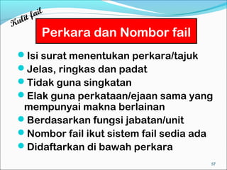 ail
  lit f
Ku
         Perkara dan Nombor fail
 Isi surat menentukan perkara/tajuk
 Jelas, ringkas dan padat
 Tidak guna singkatan
 Elak guna perkataan/ejaan sama yang
  mempunyai makna berlainan
 Berdasarkan fungsi jabatan/unit
 Nombor fail ikut sistem fail sedia ada
 Didaftarkan di bawah perkara
                                           57
 