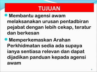 TUJUAN
Membantu agensi awam
 melaksanakan urusan pentadbiran
 pejabat dengan lebih cekap, teratur
 dan berkesan
Memperkemaskan Arahan
 Perkhidmatan sedia ada supaya
 ianya sentiasa relevan dan dapat
 dijadikan panduan kepada agensi
 awam
                                       8
 