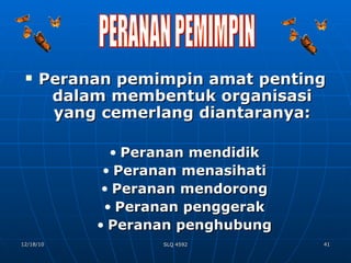 Peranan pemimpin amat penting dalam membentuk organisasi yang cemerlang diantaranya: Peranan mendidik Peranan menasihati Peranan mendorong Peranan penggerak Peranan penghubung PERANAN PEMIMPIN 