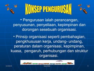 KONSEP PENGURUSAN Pengurusan ialah perancangan, penyusunan, penyeliaan, kepimpinan dan dorongan sesebuah organisasi. Prinsip organisasi seperti pembahagian, pengkhususan kerja, undang- undang, peraturan dalam organisasi, kepimpinan, kuasa,  pengaruh, perhubungan dan struktur organisasi.  