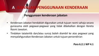 A. KAWALAN PENGGUNAAN KENDERAAN
• Kenderaan Jabatan hendaklah digunakan untuk tujuan rasmi sahaja secara
gunasama oleh pegawai-pegawai yang tidak dibekalkan dengan Kereta
Rasmi Jawatan.
• Tindakan tatatertib dan/atau surcaj boleh diambil ke atas pegawai yang
menyalahgunakan Kenderaan Jabatan untuk tujuan persendirian
Para 6.2.1 WP 4.1
Penggunaan kenderaan jabatan
 