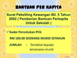 BANTUAN PER KAPITASuratPekelilingKewanganBil. 5 Tahun 2002 ( PemberianBantuanPerkapitaUntukSekolah )Kadar Peruntukan PCGRM 100.00 SEORANG MURID SETAHUN	JUMLAH      :   Tertaklukkepadakeramaianmurid