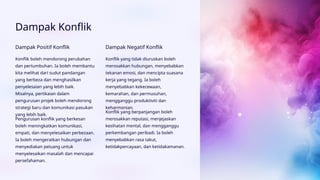 Dampak Konflik
Dampak Positif Konflik
Konflik boleh mendorong perubahan
dan pertumbuhan. Ia boleh membantu
kita melihat dari sudut pandangan
yang berbeza dan menghasilkan
penyelesaian yang lebih baik.
Misalnya, pertikaian dalam
pengurusan projek boleh mendorong
strategi baru dan komunikasi pasukan
yang lebih baik.
Pengurusan konflik yang berkesan
boleh meningkatkan komunikasi,
empati, dan menyelesaikan perbezaan.
Ia boleh mengeratkan hubungan dan
menyediakan peluang untuk
menyelesaikan masalah dan mencapai
persefahaman.
Dampak Negatif Konflik
Konflik yang tidak diuruskan boleh
merosakkan hubungan, menyebabkan
tekanan emosi, dan mencipta suasana
kerja yang tegang. Ia boleh
menyebabkan kekecewaan,
kemarahan, dan permusuhan,
mengganggu produktiviti dan
keharmonian.
Konflik yang berpanjangan boleh
merosakkan reputasi, menjejaskan
kesihatan mental, dan mengganggu
perkembangan peribadi. Ia boleh
menyebabkan rasa takut,
ketidakpercayaan, dan ketidakamanan.
 