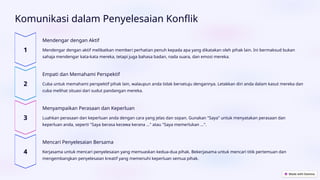 Komunikasi dalam Penyelesaian Konflik
Mendengar dengan Aktif
Mendengar dengan aktif melibatkan memberi perhatian penuh kepada apa yang dikatakan oleh pihak lain. Ini bermaksud bukan
sahaja mendengar kata-kata mereka, tetapi juga bahasa badan, nada suara, dan emosi mereka.
Empati dan Memahami Perspektif
Cuba untuk memahami perspektif pihak lain, walaupun anda tidak bersetuju dengannya. Letakkan diri anda dalam kasut mereka dan
cuba melihat situasi dari sudut pandangan mereka.
Menyampaikan Perasaan dan Keperluan
Luahkan perasaan dan keperluan anda dengan cara yang jelas dan sopan. Gunakan "Saya" untuk menyatakan perasaan dan
keperluan anda, seperti "Saya berasa kecewa kerana ..." atau "Saya memerlukan ...".
Mencari Penyelesaian Bersama
Kerjasama untuk mencari penyelesaian yang memuaskan kedua-dua pihak. Bekerjasama untuk mencari titik pertemuan dan
mengembangkan penyelesaian kreatif yang memenuhi keperluan semua pihak.
 