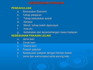 KESESUAIAN PAKAIAN
PENDAHULUAN
   a. Kedudukan Ekonomi
   b. Tahap pelajaran
   c.  Tahap kedudukan sosial
   d.  Kerjaya
   e.  Moral / tahap boleh dipercayai
   f.  Imej diri
   g.  Kehebatan dan kecemerlangan masa hadapan
KESESUAIAN PAKAIAN LELAKI
   a. Jenis kain
   b. Corak kain
   c.  Warna kain
   d. Fesyen pakaian
   e. Kesesuaian pakaian dengan bentuk badan
   f. Jenis dan warna kasut serta sarung kaki
 