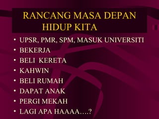 RANCANG MASA DEPAN
       HIDUP KITA
•   UPSR, PMR, SPM, MASUK UNIVERSITI
•   BEKERJA
•   BELI KERETA
•   KAHWIN
•   BELI RUMAH
•   DAPAT ANAK
•   PERGI MEKAH
•   LAGI APA HAAAA….?
 