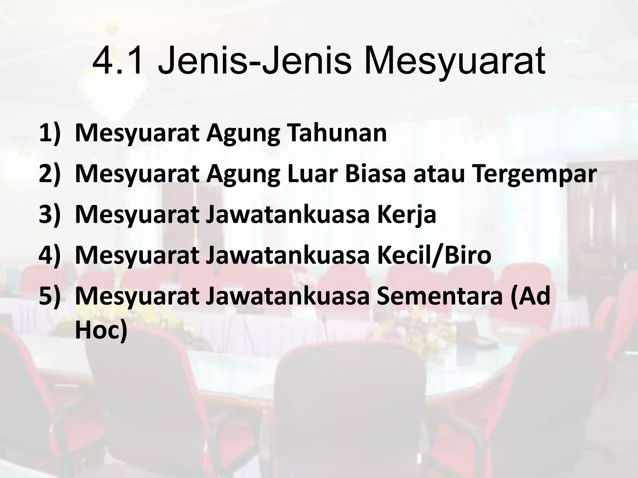 4.1 Jenis-Jenis Mesyuarat
1)   Mesyuarat Agung Tahunan
2)   Mesyuarat Agung Luar Biasa atau Tergempar
3)   Mesyuarat Jawatankuasa Kerja
4)   Mesyuarat Jawatankuasa Kecil/Biro
5)   Mesyuarat Jawatankuasa Sementara (Ad
     Hoc)
 