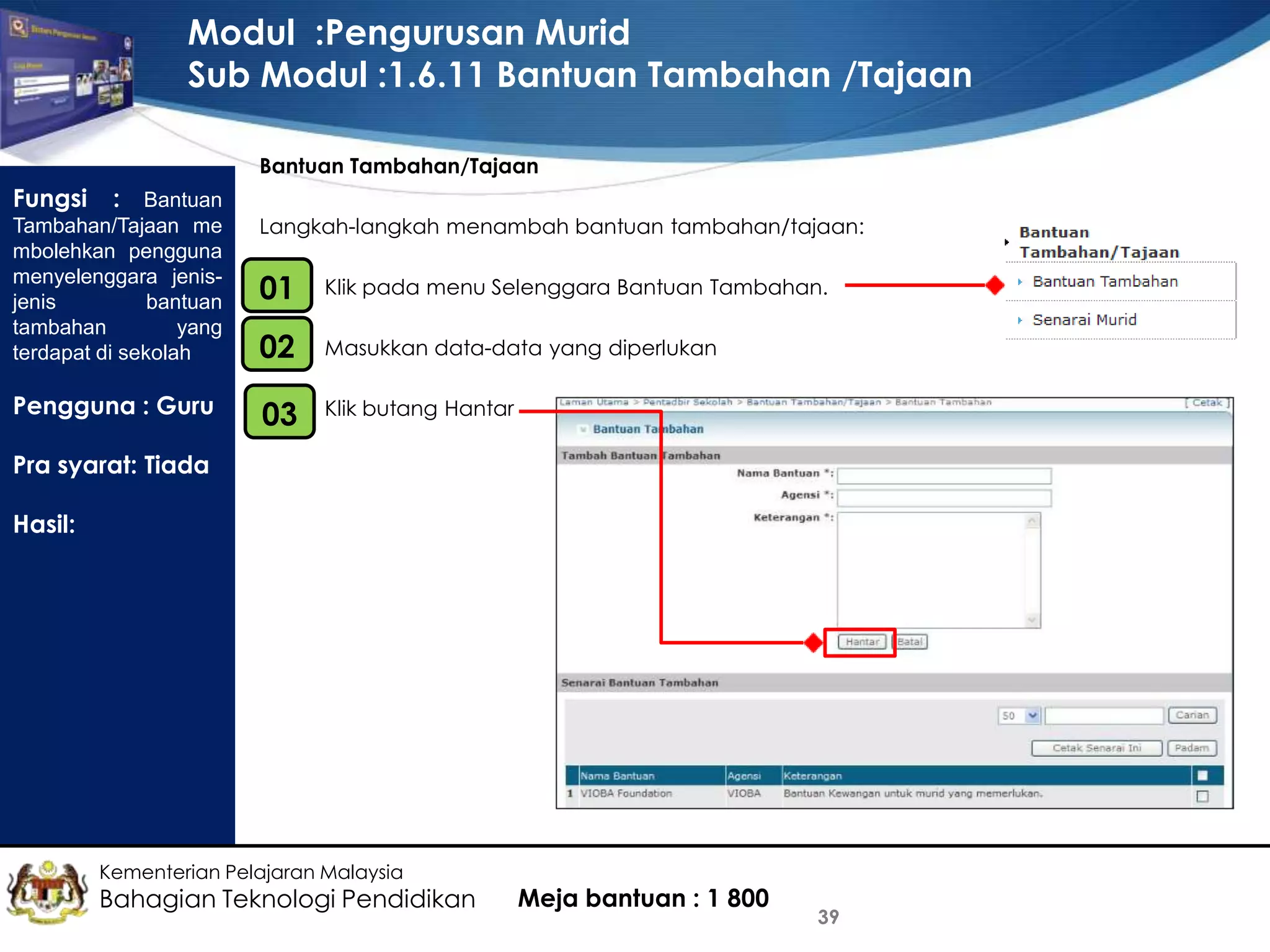 Modul :Pengurusan Murid
Sub Modul :1.6.11 Bantuan Tambahan /Tajaan
Bantuan Tambahan/Tajaan

Fungsi

: Bantuan
Tambahan/Tajaan me
mbolehkan pengguna
menyelenggara jenisjenis
bantuan
tambahan
yang
terdapat di sekolah
Pengguna : Guru

Langkah-langkah menambah bantuan tambahan/tajaan:
•

01

Klik pada menu Selenggara Bantuan Tambahan.

•
02

Masukkan data-data yang diperlukan

03

Klik butang Hantar

•

Pra syarat: Tiada
Hasil:

Kementerian Pelajaran Malaysia

Bahagian Teknologi Pendidikan

Meja bantuan : 1 800

39

 