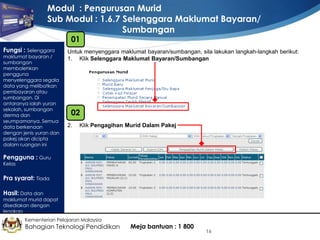 Modul : Pengurusan Murid
Sub Modul : 1.6.7 Selenggara Maklumat Bayaran/
Sumbangan
01

Fungsi : Selenggara

maklumat bayaran /
sumbangan
membolehkan
pengguna
menyelenggara segala
data yang melibatkan
pembayaran atau
sumbangan. Di
antaranya ialah yuran
sekolah, sumbangan
derma dan
seumpamanya. Semua
data berkenaan
dengan jenis yuran dan
pakej akan dicipta
dalam ruangan ini

Untuk menyenggara maklumat bayaran/sumbangan, sila lakukan langkah-langkah berikut:
1. Klik Selenggara Maklumat Bayaran/Sumbangan

02
2.

Klik Pengagihan Murid Dalam Pakej

Pengguna : Guru
Kelas

Pra syarat: Tiada
Hasil: Data dan

maklumat murid dapat
disediakan dengan
lengkap
Kementerian Pelajaran Malaysia

Bahagian Teknologi Pendidikan

Meja bantuan : 1 800

16

 