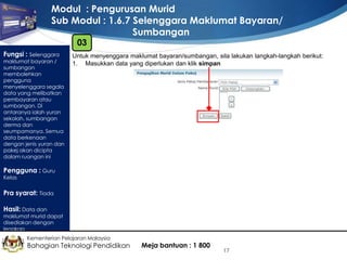 Modul : Pengurusan Murid
Sub Modul : 1.6.7 Selenggara Maklumat Bayaran/
Sumbangan
03

Fungsi : Selenggara

maklumat bayaran /
sumbangan
membolehkan
pengguna
menyelenggara segala
data yang melibatkan
pembayaran atau
sumbangan. Di
antaranya ialah yuran
sekolah, sumbangan
derma dan
seumpamanya. Semua
data berkenaan
dengan jenis yuran dan
pakej akan dicipta
dalam ruangan ini

Untuk menyenggara maklumat bayaran/sumbangan, sila lakukan langkah-langkah berikut:
1. Masukkan data yang diperlukan dan klik simpan

Pengguna : Guru
Kelas

Pra syarat: Tiada
Hasil: Data dan

maklumat murid dapat
disediakan dengan
lengkap
Kementerian Pelajaran Malaysia

Bahagian Teknologi Pendidikan

Meja bantuan : 1 800

17

 