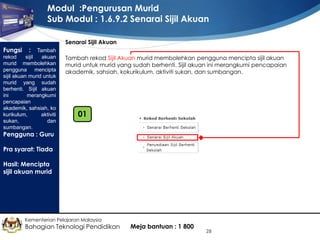 Modul :Pengurusan Murid
Sub Modul : 1.6.9.2 Senarai Sijil Akuan
Senarai Sijil Akuan

Fungsi

: Tambah
rekod
sijil
akuan
murid membolehkan
pengguna mencipta
sijil akuan murid untuk
murid yang sudah
berhenti. Sijil akuan
ini
merangkumi
pencapaian
akademik, sahsiah, ko
kurikulum,
aktiviti
sukan,
dan
sumbangan.

Tambah rekod Sijil Akuan murid membolehkan pengguna mencipta sijil akuan
murid untuk murid yang sudah berhenti. Sijil akuan ini merangkumi pencapaian
akademik, sahsiah, kokurikulum, aktiviti sukan, dan sumbangan.

01

Pengguna : Guru
Pra syarat: Tiada
Hasil: Mencipta
sijil akuan murid

Kementerian Pelajaran Malaysia

Bahagian Teknologi Pendidikan

Meja bantuan : 1 800

28

 