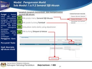 Modul :Pengurusan Murid
Sub Modul :1.6.9.2 Senarai Sijil Akuan
Fungsi

: Tambah
rekod
sijil
akuan
murid membolehkan
pengguna mencipta
sijil akuan murid untuk
murid yang sudah
berhenti. Sijil akuan
ini
merangkumi
pencapaian
akademik,
sahsiah,
kokurikulum,
aktiviti
sukan,
dan
sumbangan.

Langkah-langkah menambah dan mengemaskini
senarai sijil akuan:

01
•

Klik pada menu Senarai Sijil Akuan.

02
•

Klik pada butang Tambah

•
03

Masukkan data-data yang diperlukan

•
04

Klik butang Simpan & Keluar

Pengguna : Guru
Pra syarat: Tiada
Hasil: Mencipta
sijil akuan murid

Kementerian Pelajaran Malaysia

Bahagian Teknologi Pendidikan

Meja bantuan : 1 800

29

 