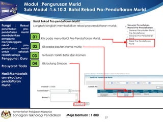 Modul :Pengurusan Murid
Sub Modul :1.6.10.3 Batal Rekod Pra-Pendaftaran Murid
Batal Rekod Pra-pendaftaran Murid

Fungsi

: Rekod
peruntukan
prapendaftaran murid
membolehkan
pengguna
menyelenggara
rekod
prapendaftaran murid
untuk
sekolah
rendah sahaja.
Pengguna : Guru
Pra syarat: Tiada

Langkah-langkah membatalkan rekod pra-pendaftaran murid:

01
•

Klik pada menu Batal Pra-Pendaftaran Murid.

•
02

Klik pada pautan nama murid

•
03

Tentukan Tarikh Batal dan Komen

•
04

Klik butang Simpan

Hasil:Membatalk
an rekod pra
pendaftaran
murid

Kementerian Pelajaran Malaysia

Bahagian Teknologi Pendidikan

Meja bantuan : 1 800

37

 