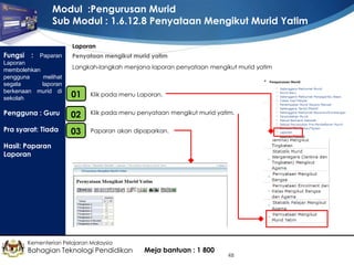 Modul :Pengurusan Murid
Sub Modul : 1.6.12.8 Penyataan Mengikut Murid Yatim
Laporan

Fungsi

: Paparan
Laporan
membolehkan
pengguna
melihat
segala
laporan
berkenaan murid di
sekolah

Penyataan mengikut murid yatim
Langkah-langkah menjana laporan penyataan mengikut murid yatim

•
01

Klik pada menu Laporan.

Pengguna : Guru

•
02

Klik pada menu penyataan mengikut murid yatim.

Pra syarat: Tiada

•
03

Paparan akan dipaparkan.

Hasil: Paparan
Laporan

Kementerian Pelajaran Malaysia

Bahagian Teknologi Pendidikan

Meja bantuan : 1 800

48

 