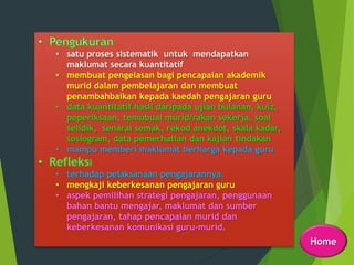 • satu proses sistematik untuk mendapatkan
maklumat secara kuantitatif
• membuat pengelasan bagi pencapaian akademik
murid dalam pembelajaran dan membuat
penambahbaikan kepada kaedah pengajaran guru
• data kuantitatif hasil daripada ujian bulanan, kuiz,
peperiksaan, temubual murid/rakan sekerja, soal
selidik, senarai semak, rekod anekdot, skala kadar,
sosiogram, data pemerhatian dan kajian tindakan
• mampu memberi maklumat berharga kepada guru
• terhadap pelaksanaan pengajarannya.
• mengkaji keberkesanan pengajaran guru
• aspek pemilihan strategi pengajaran, penggunaan
bahan bantu mengajar, maklumat dan sumber
pengajaran, tahap pencapaian murid dan
keberkesanan komunikasi guru-murid.
Home
 