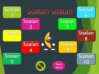 Soalan
1
Soalan
9
Soalan
6
Soalan
2
Soalan
7
Soalan
3
Soalan
8
Soalan
5
Soalan
10
Soalan
4
Main
Menu
 