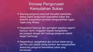  Seorang pengurus yang baik haruslah memahami
semua aspek pengurusan kemudahan sukan dan
memiliki pengalaman peribadi mengendalikan tugas-
tugas yang khusus.
 Pengalaman bekerja dari peringkat bawahan seperti
mencuci lantai hinggalah kepada mengadakan
perjumpaan dengan ahli lembaga pengarah adalah
sangat berharga.
 Pengetahuan, pengalaman dan latihan dalam kerja
(on-the-job) adalah saling berkait dan menghasilkan
seseorang pengurus kemudahan sukan yang
berwibawa.
Konsep Pengurusan
Kemudahan Sukan
59
 