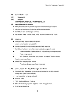 PRA 3110 Pengurusan Prasekolah
1.7 Format kertas kerja
1.7.1 Organisasi
1.7.2 Individu
KERTAS KERJA PENUBUHAN PRASEKOLAH
1.0 Latar Belakang/Pengenalan
 Menyatakan keperluan pendidikan prasekolah dalam negara Malaysia
 Kepentingan pendidikan prasekolah kepada kanak-kanak
 Pendidikan asas (seimbang & harmoni)
 Persediaan fizikal, mental, sosial, emosi sebelum persekolahan formal
2.0 Rasional
 Mengapa perlu menubuhkan prasekolah?
Antara contoh-contoh termasuklah :
 Memenuhi keperluan dan kehendak masyarakat setempat
 Pendidikan kurikulum tambahan (selain daripada yang sedia ada).
 Kurikulum selaras kehendak negara dan pembangunan modal insan
 Yuran yang rasional
 Apa signifikan prasekolah yang hendak ditubuhkan? Kebaikan dan
keistimewaan prasekolah
 Mempunyai pengangkutan sendiri
 Persaingan dengan prasekolah sedia ada
3.0 Nama, Tema, Visi, Misi, Motto, Logo Prasekolah
 Memberi nama prasekolah yang bermakna (pemberian nama prasekolah
mempunyai syarat-syarat tertentu)
 Imej prasekolah yang ingin dikenali
 Huraian Tema
 Visi : Matlamat Jangka Panjang
 Misi : Pernyataan yang lebih terperinci dalam menjayakan visi
 Loga serta huraiannya
5
 