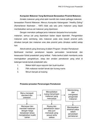 PRA 3110 Pengurusan Prasekolah
Kumpulan Makanan Yang Berkhasiat Berasaskan Piramid Makanan.
Amalan makanan yang sihat ialah memilih dan makan pelbagai makanan
berasaskan Piramid Makanan. Menuru Kumpulan Kebangsaan “Healthy Eating”
(Kementerian Kesihatan , 1997) tidak ada satu jenis makanan yang dapat
membekalkan semua zat makanan yang diperlukan.
Dengan memakan pelbagai jenis makanan daripada lima kumpulan
makanan, semua zat yang diperlukan badan dapat diperoleh. Pengambilan
makanan perlu seimbang, iaitu makanan pada aras bawah piramid perlu
dimakan banyak dan makanan aras atas piramid perlu dimakan sedikit setiap
hari.
Aktiviti-aktiviti yang dirancang di dalam Program Amalan Pemakanan
Berkhasiat memberi penekanan kepada pemusatan kanak-kanak dan
kesesuaian fizikal prasekolah yang terlibat. Fakta berikut boleh membantu anda
meningkatkan pengetahuan, sikap dan amalan pemakanan yang sihat di
kalangan kanak-kanak prasekolah iaitu
1. Makan lebih sayur-sayuran dan buah-buahan
2. Pilih makanan rendah lemak dan kurang manis
3. Minum banyak air kosong
Prosedur-prosedur Perancangan Pemakanan
57
Menu menepati
standard dan
piawaian
Memesan dan
membeli makanan
dengan harga
berpatutan tanpa
mengabaikan kualiti
bahan
Menyediakan
ruang menyimpan
makanan yang
mencukupi
Membimbing
dan
mengawasi
pengendali
makanan
Ruang dan
persekitaran dapur
atau pun
memasak yang
sesuai serta
selesa
Mendapatkan
khidmat pakar
dalam
penyediaan
pemakanan
 