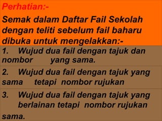 Perhatian:-
Semak dalam Daftar Fail Sekolah
dengan teliti sebelum fail baharu
dibuka untuk mengelakkan:-
2. Wujud dua fail dengan tajuk yang
sama tetapi nombor rujukan
berlainan.
1. Wujud dua fail dengan tajuk dan
nombor yang sama.
3. Wujud dua fail dengan tajuk yang
berlainan tetapi nombor rujukan
sama.
 