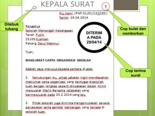 DITERIM
A PADA
29/04/14
Ditebuk
lubang
1
Cop bulat dan
nomborkan
Cop terima
surat
 