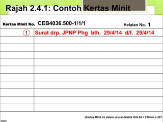 (Kertas Minit ini dalam ukuran Metrik ISO A4 = 210mm x 297
mm)
Kertas Minit No. Helaian No.
Rajah 2.4.1: Contoh Kertas Minit
CEB4036.500-1/1/1 1
Surat drp. JPNP Phg bth. 29/4/14 d/f. 29/4/141
 