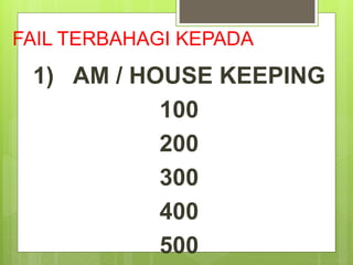 FAIL TERBAHAGI KEPADA
1) AM / HOUSE KEEPING
100
200
300
400
500
 