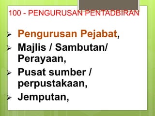 100 - PENGURUSAN PENTADBIRAN
 Pengurusan Pejabat,
 Majlis / Sambutan/
Perayaan,
 Pusat sumber /
perpustakaan,
 Jemputan,
 