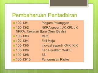 Pembaharuan Pentadbiran
 100-13/1 Piagam Pelanggan
 100-13/2 NKRA seperti JK KPI, JK
NKRA, Tawaran Baru (New Deals)
 100-13/3 MPK
 100-13/4 Fail Meja
 100-13/5 Inovasi seperti KMK, KIK
 100-13/6 Kad Perakam Waktu
 100-13/8 5S
 100-13/10 Pengurusan Risiko
 