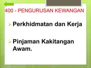 400 - PENGURUSAN KEWANGAN
 Perkhidmatan dan Kerja
 Pinjaman Kakitangan
Awam.
 