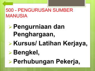 500 - PENGURUSAN SUMBER
MANUSIA
 Pengurniaan dan
Penghargaan,
 Kursus/ Latihan Kerjaya,
 Bengkel,
 Perhubungan Pekerja,
 